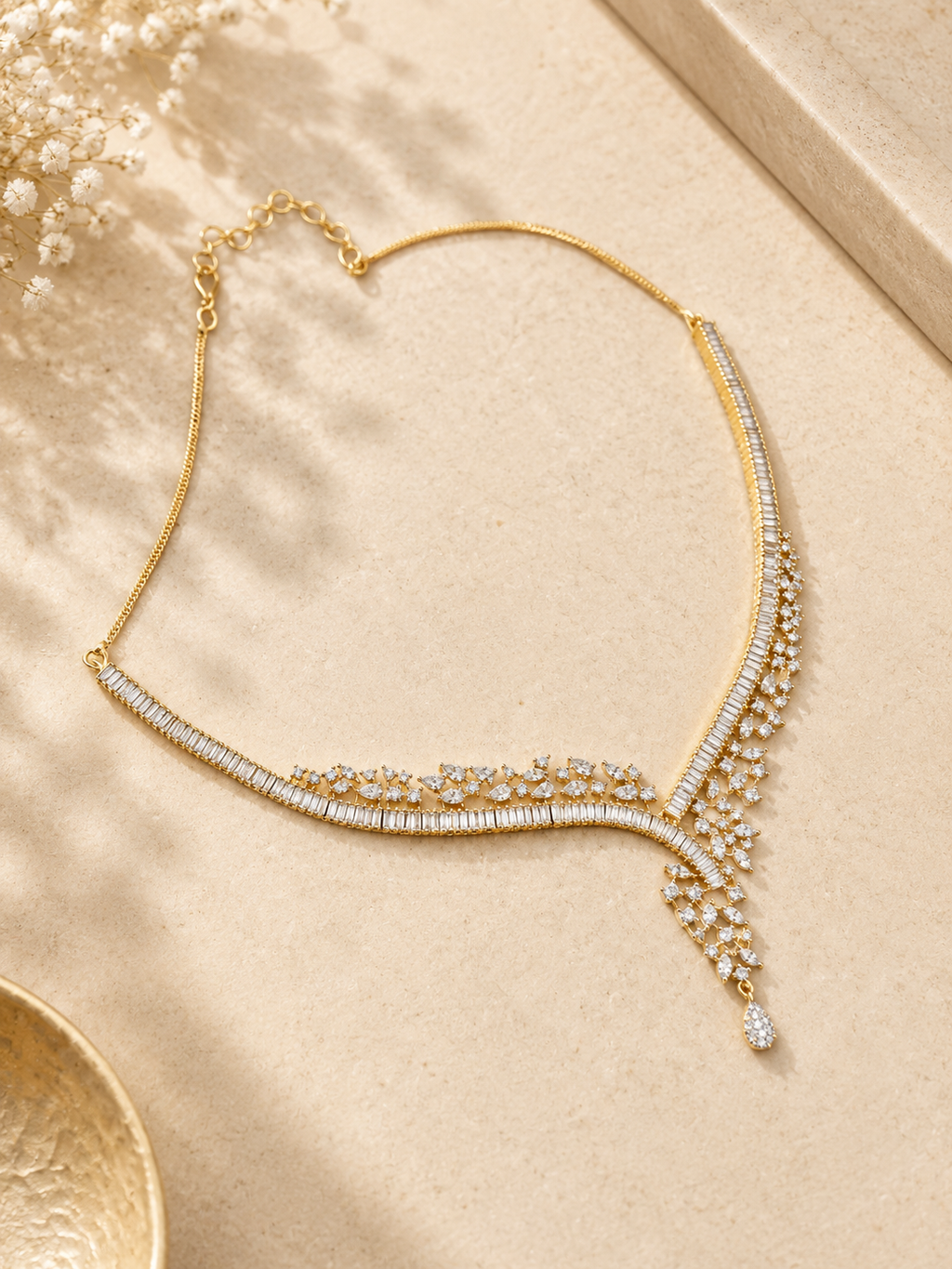 Celeste V-Layer Diamond Look Necklace Set | Elegant American Diamond Bridal Jewellery