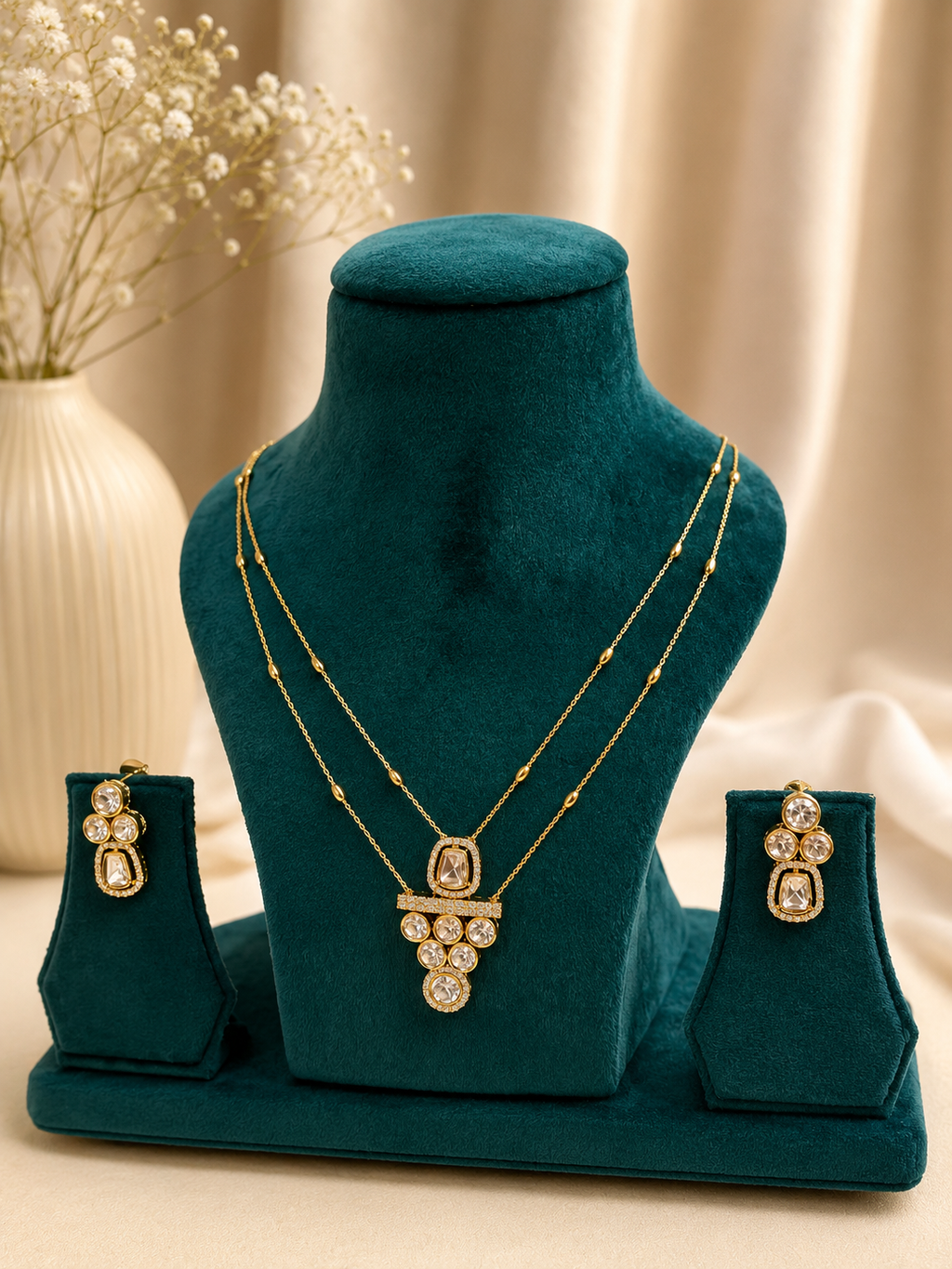 Dual Layer Crystal Pendant Necklace Set
