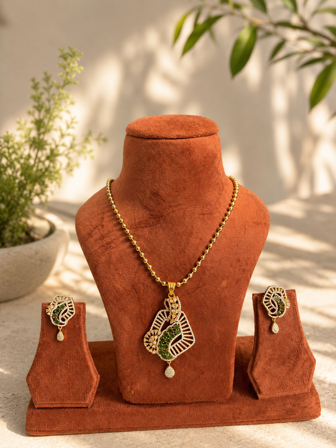 Green Emerald Leaf Pendant Necklace Set | Gold-Tone Jewellery | House of Orna