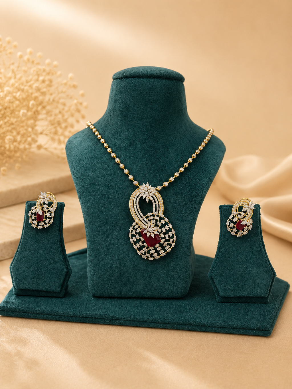 Ruby Stone Designer Pendant Necklace Set for Women