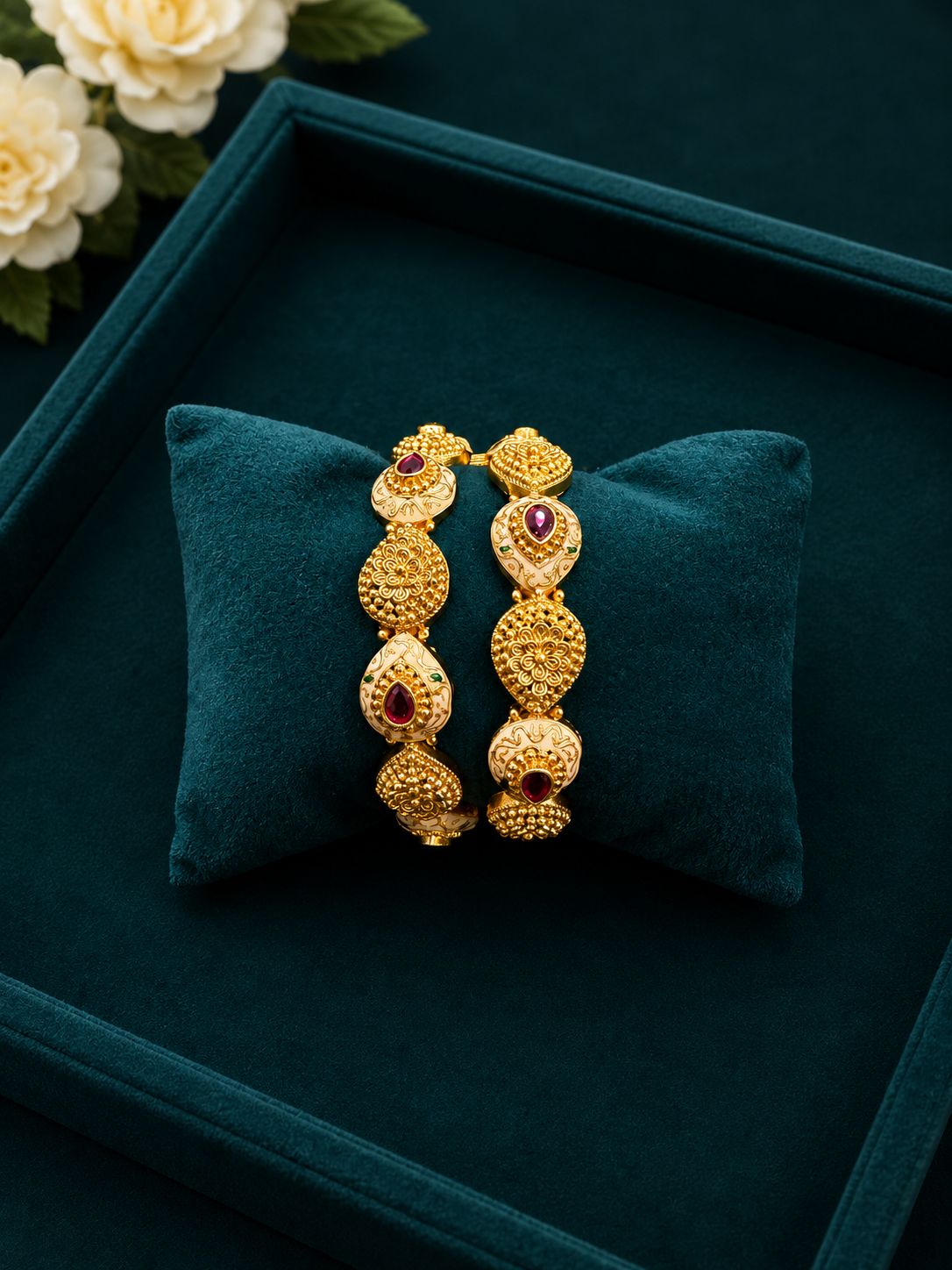 Ruby Enamel Floral Antique Kada Bangles
