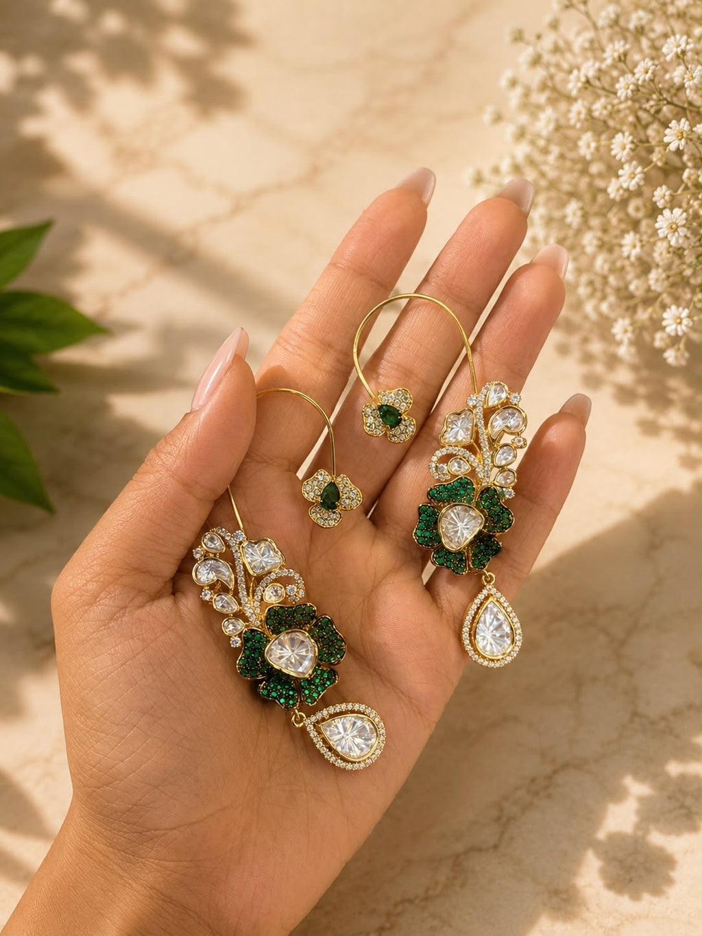 Emerald Floral Ear Cuff Earrings | Statement Crystal Drop Earrings | Anti Tarnish