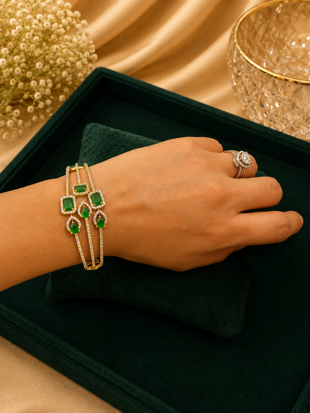 Emerald Crystal Triple Layer Bracelet Set