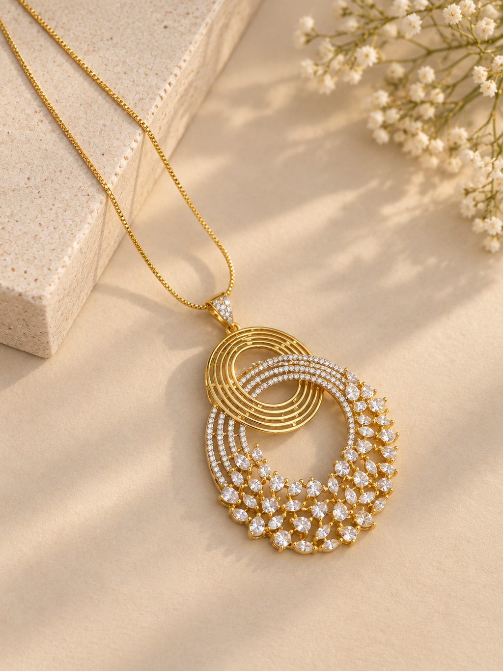 Gold Look Diamond Pendant Necklace Set with Statement Earrings