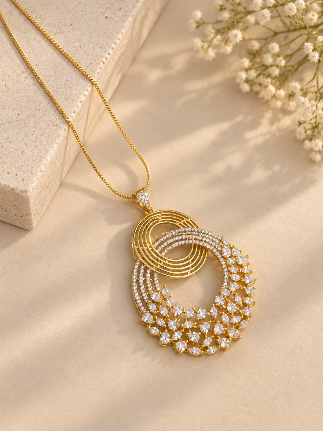 Gold Look Diamond Pendant Necklace Set with Statement Earrings