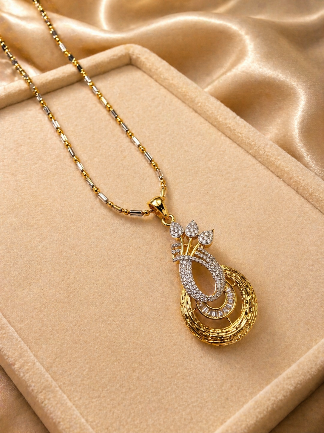 Gold Plated Oval Drop Pendant Necklace Set with Stone Detailing and Stud Earrings