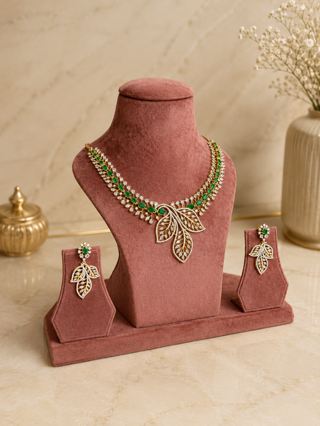 Emerald Leaf Symphony Necklace Set | Diamond Look Green Stone Designer Jewellery Set