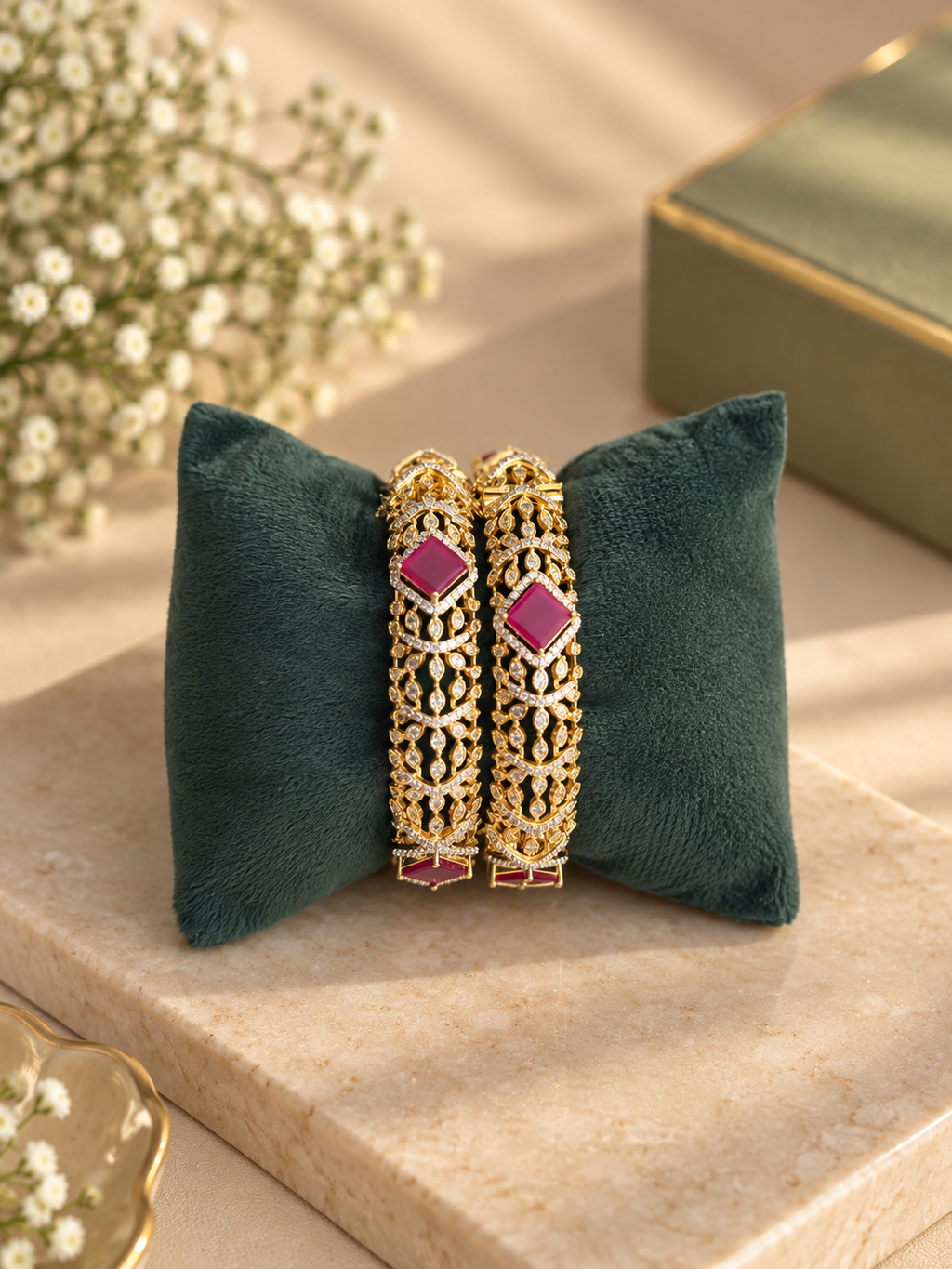 Diamond Look Ruby Gold Bangle Set