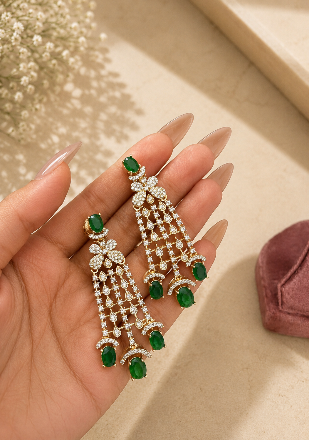 Emerald Drop Diamond Look Necklace Set | Green Stone American Diamond Jewellery