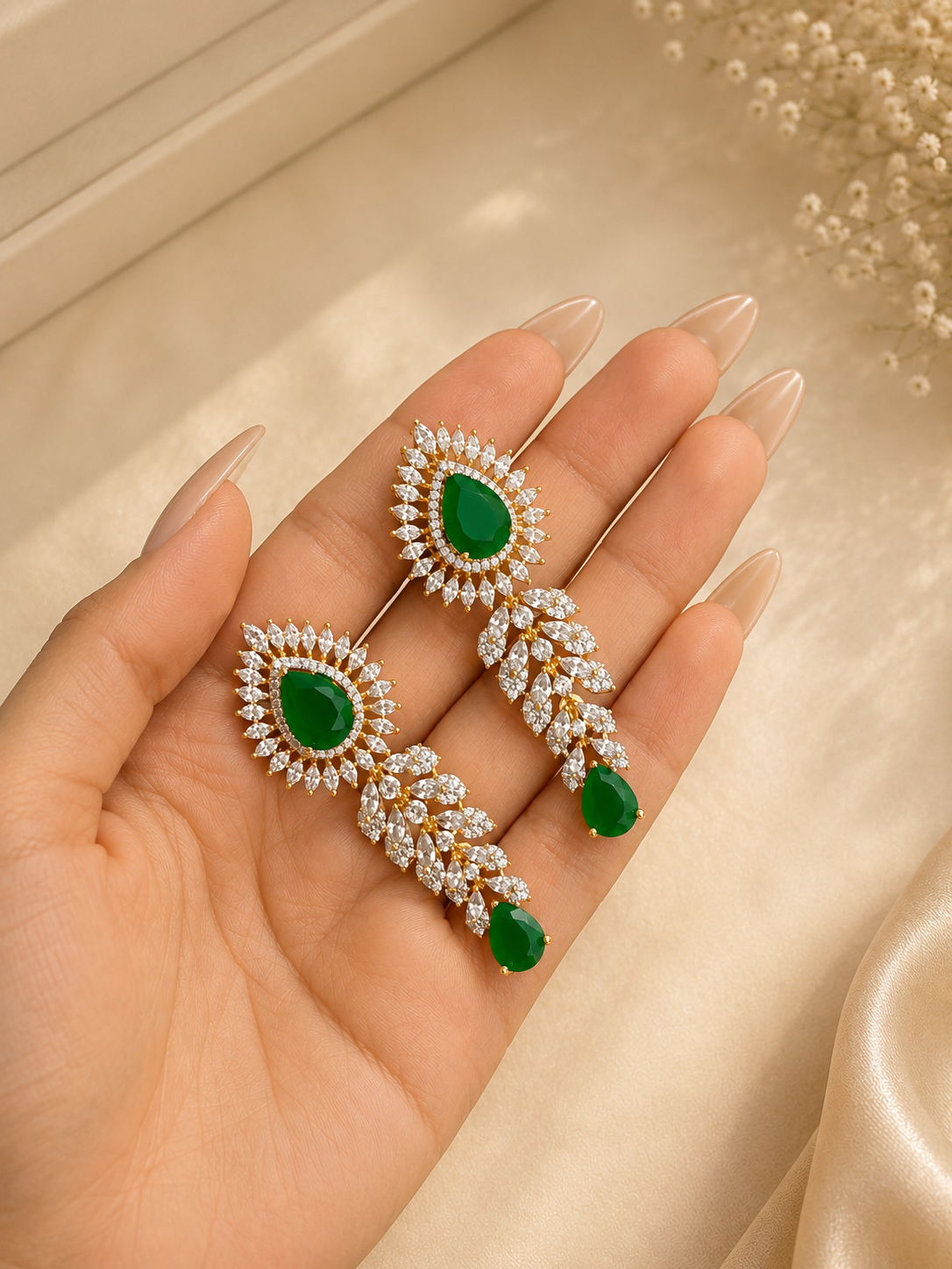 Emerald Drop Diamond Look Necklace Set | Green Stone American Diamond Jewellery