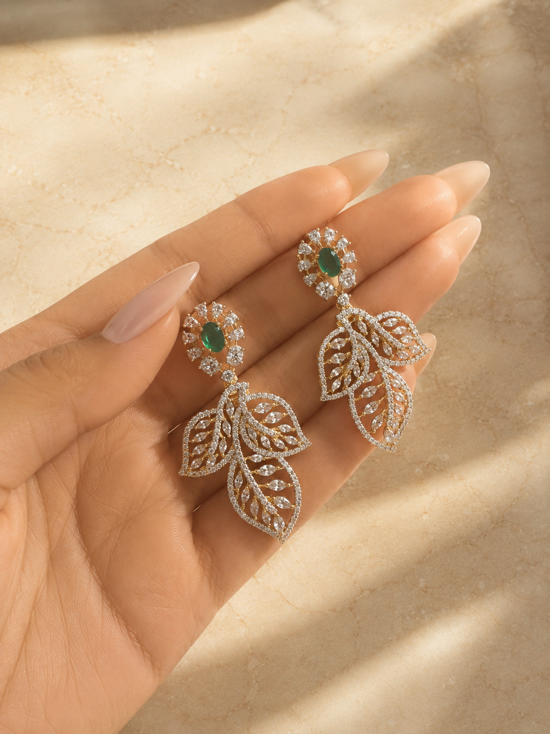 Emerald Leaf Symphony Necklace Set | Diamond Look Green Stone Designer Jewellery Set