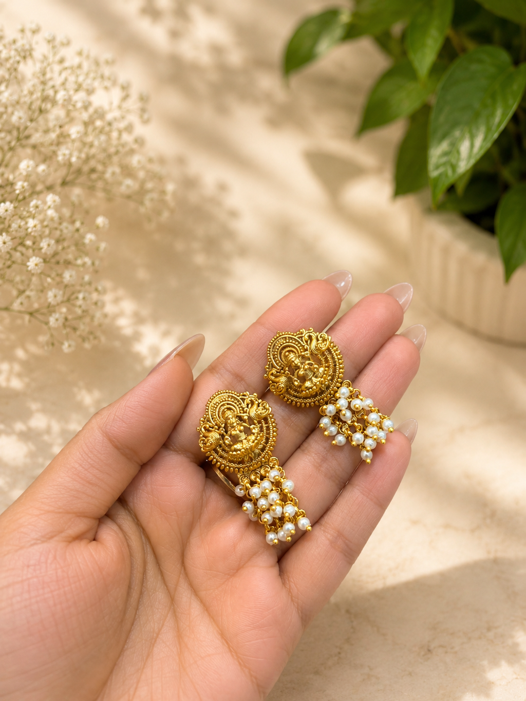 Temple Pearl Choker Necklace Set | Lakshmi Pendant Gold Finish Anti Tarnish Jewellery