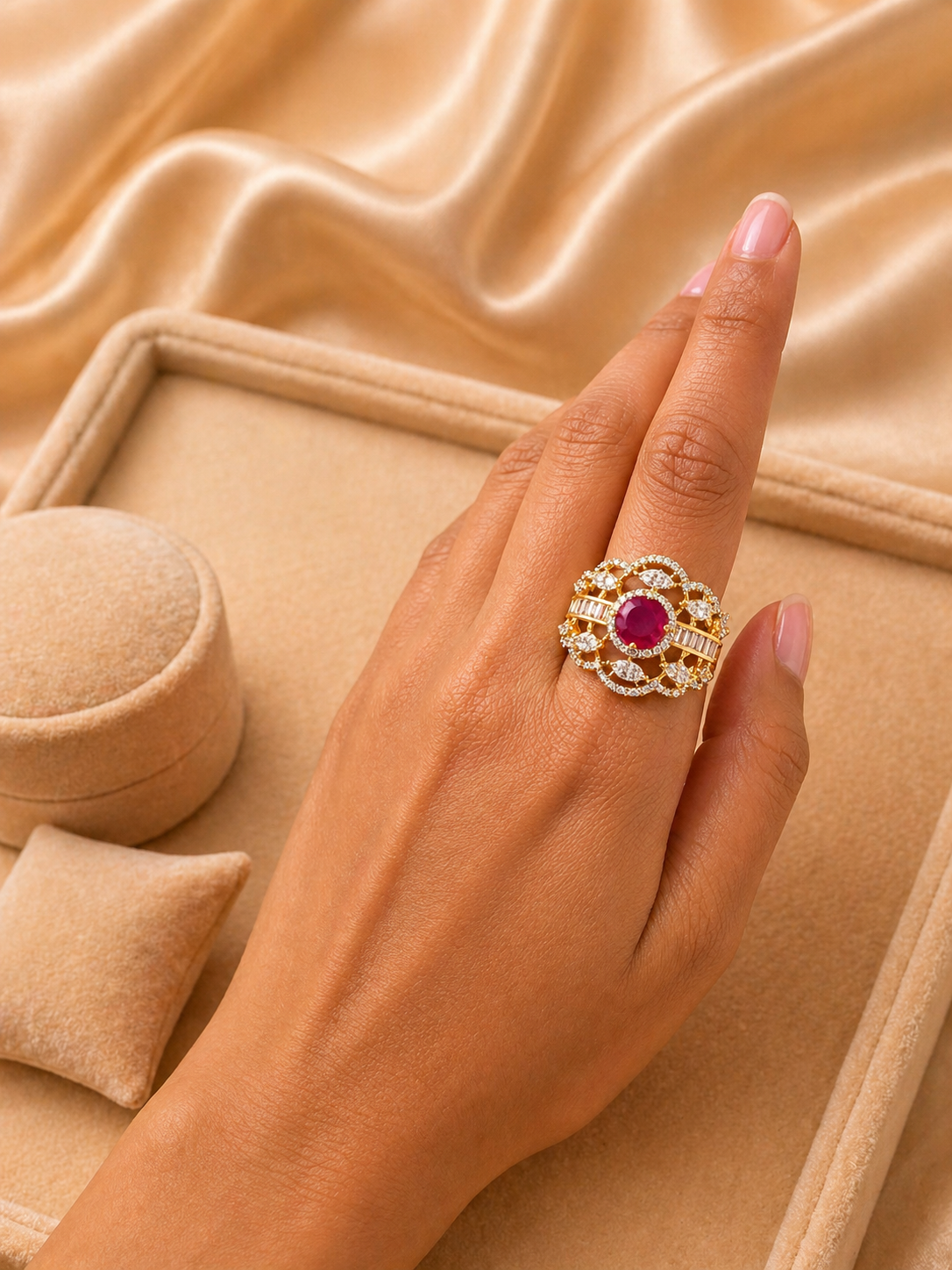 Adjustable Ruby Red/Green Floral Statement Ring with Diamond Look Detailing