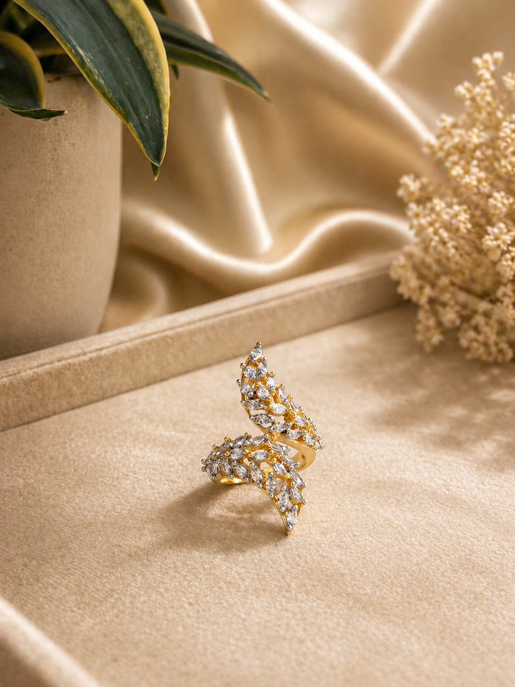 Dual Leaf Crystal Statement Ring (Adjustable Open Design)