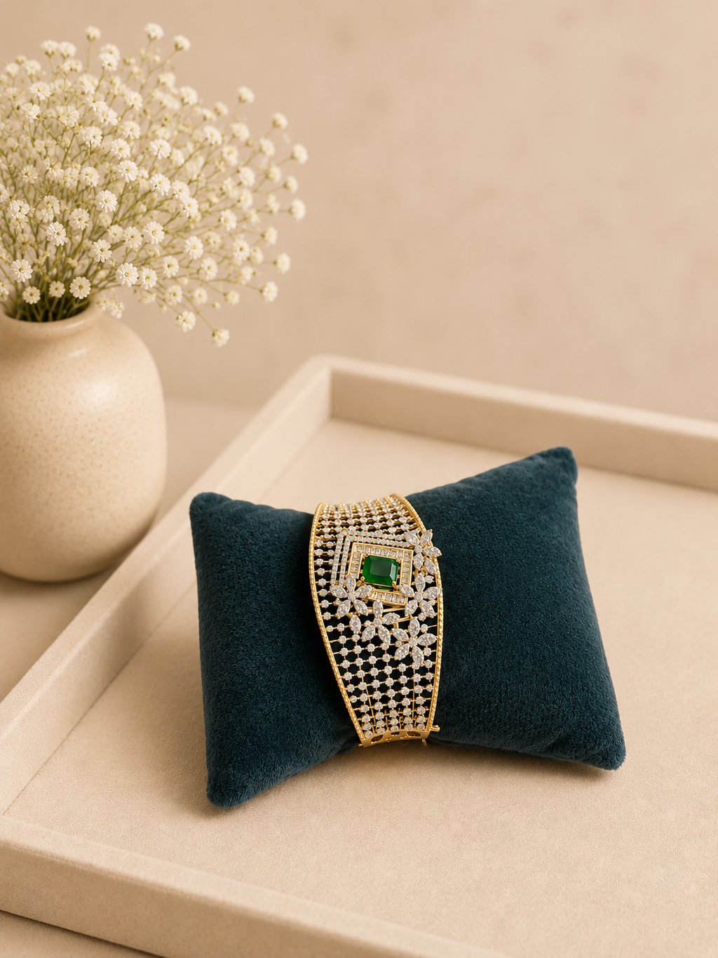 Emerald Royale Diamond Look Broad Kada Bracelet | Luxury Green Stone Statement Cuff
