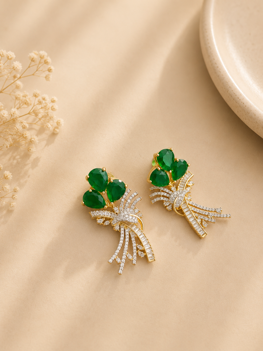 Emerald Green Beaded Pendant Necklace Set with Earrings | Contemporary American Diamond Jewellery