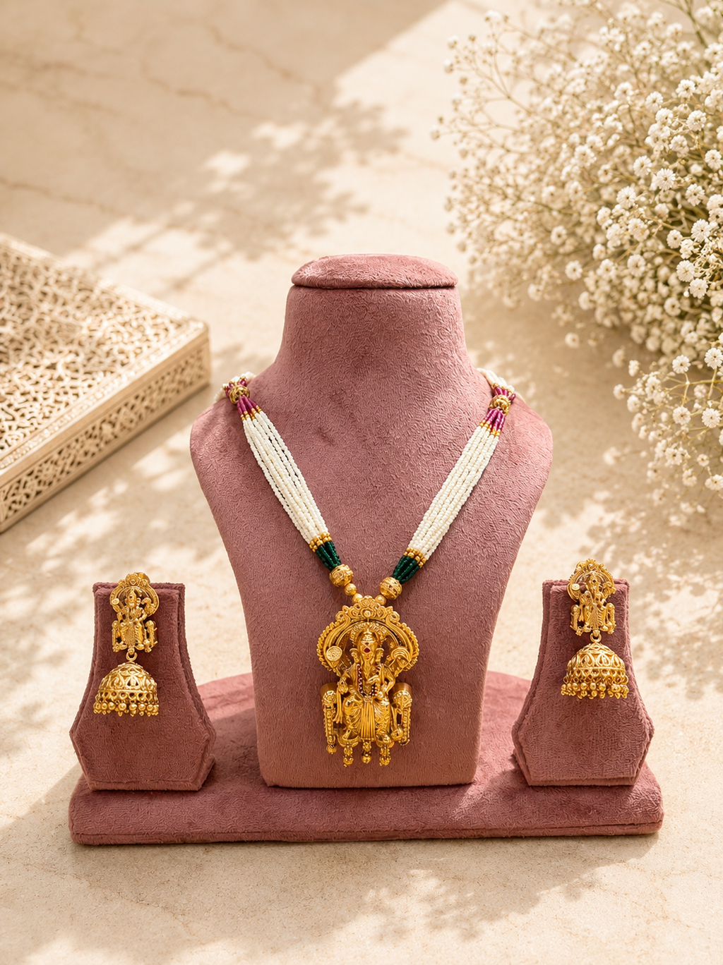 Antique Lakshmi Pendant Necklace Set | White Beaded Temple Jewellery with Jhumka Earrings | Anti Tarnish