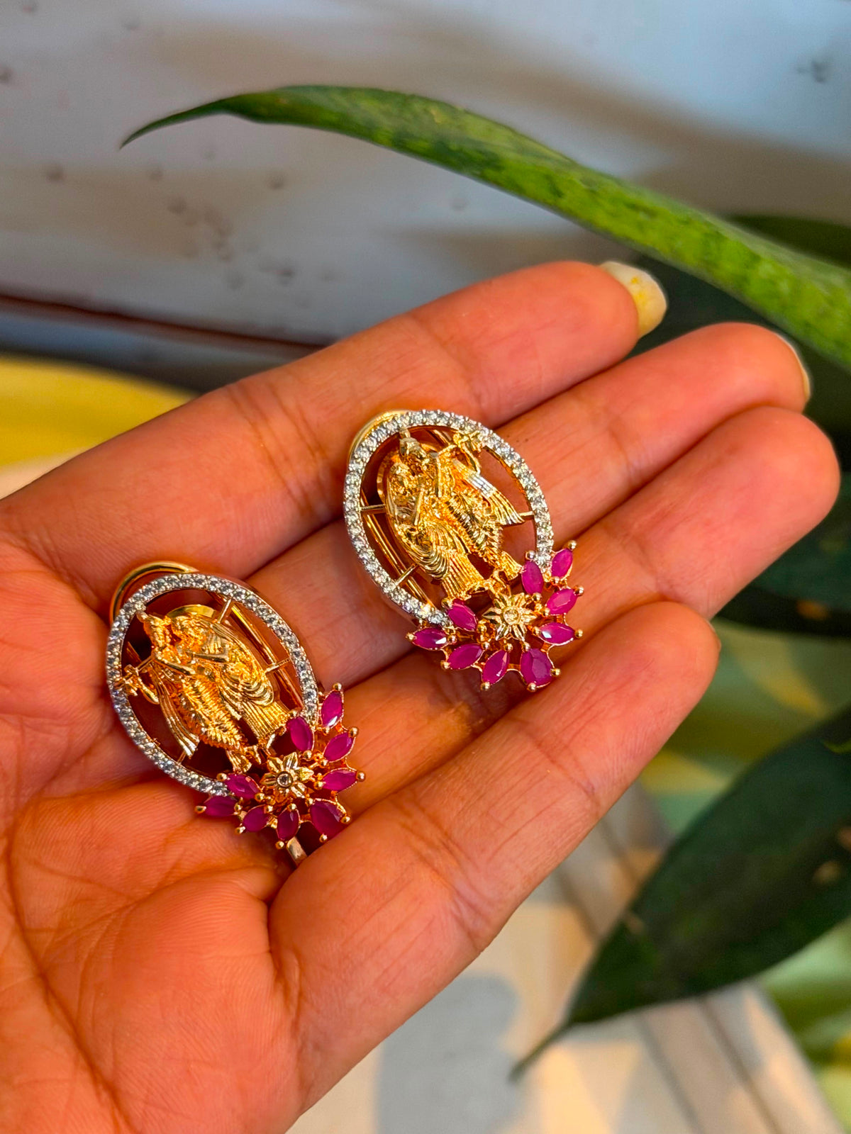 Radha Krishna Pendant Necklace Set | Pink Stone Statement Jewellery | House of Orna