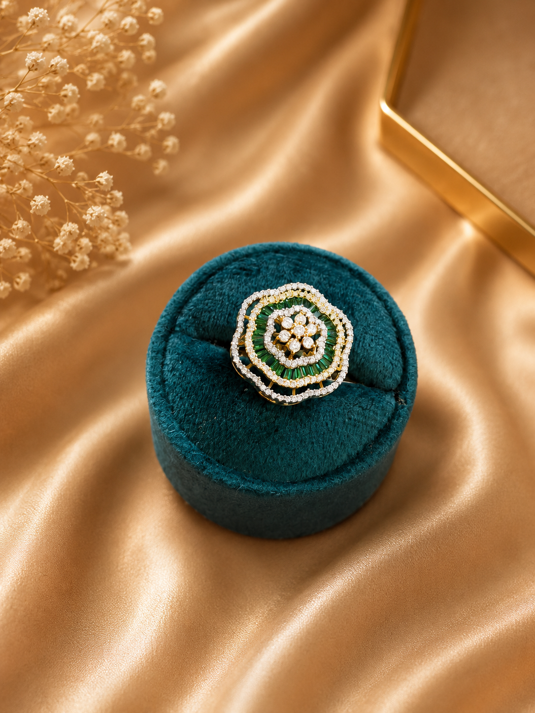 Emerald Green Floral Statement Ring | American Diamond Designer Cocktail Ring for Women