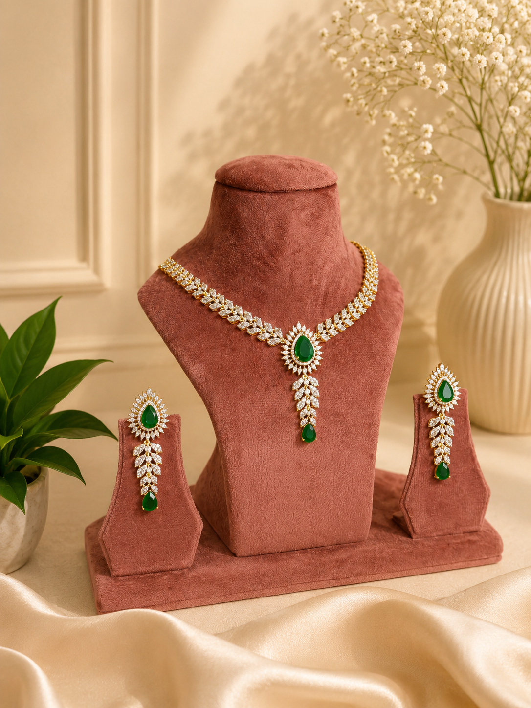 Emerald Drop Diamond Look Necklace Set | Green Stone American Diamond Jewellery