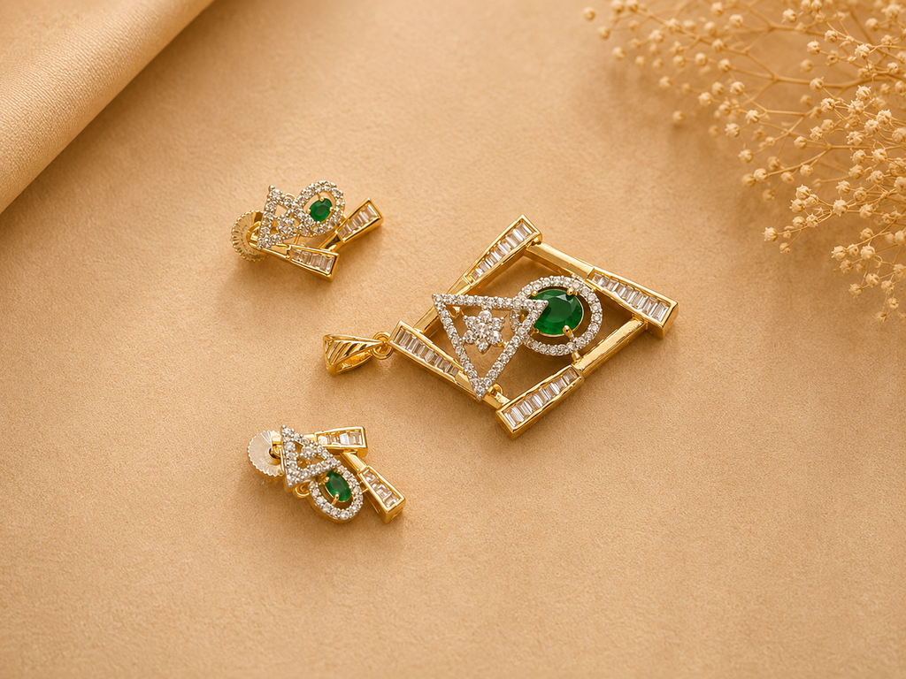 Geometric Emerald Green Pendant Set for Women