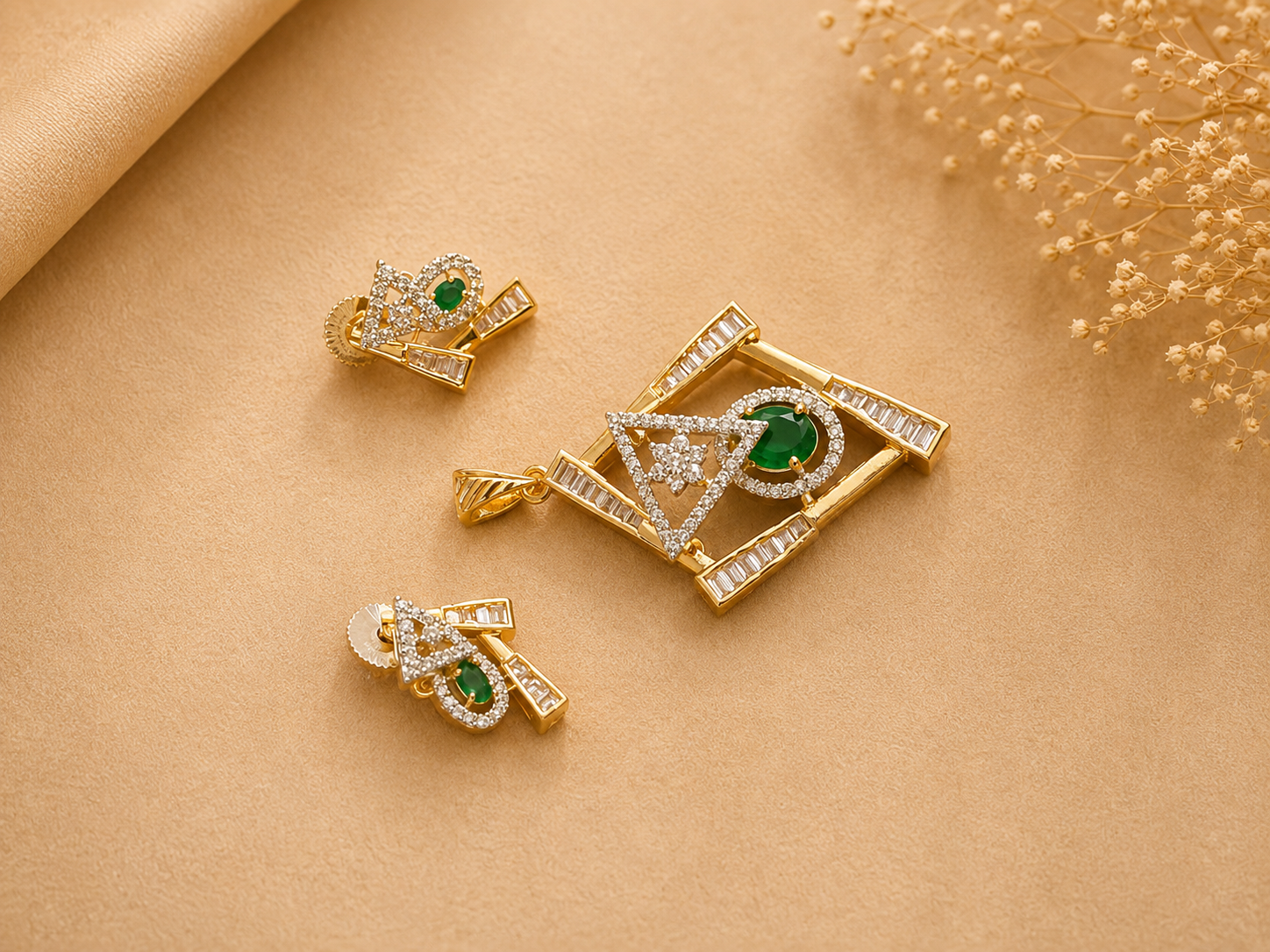 Geometric Emerald Green Pendant Set for Women