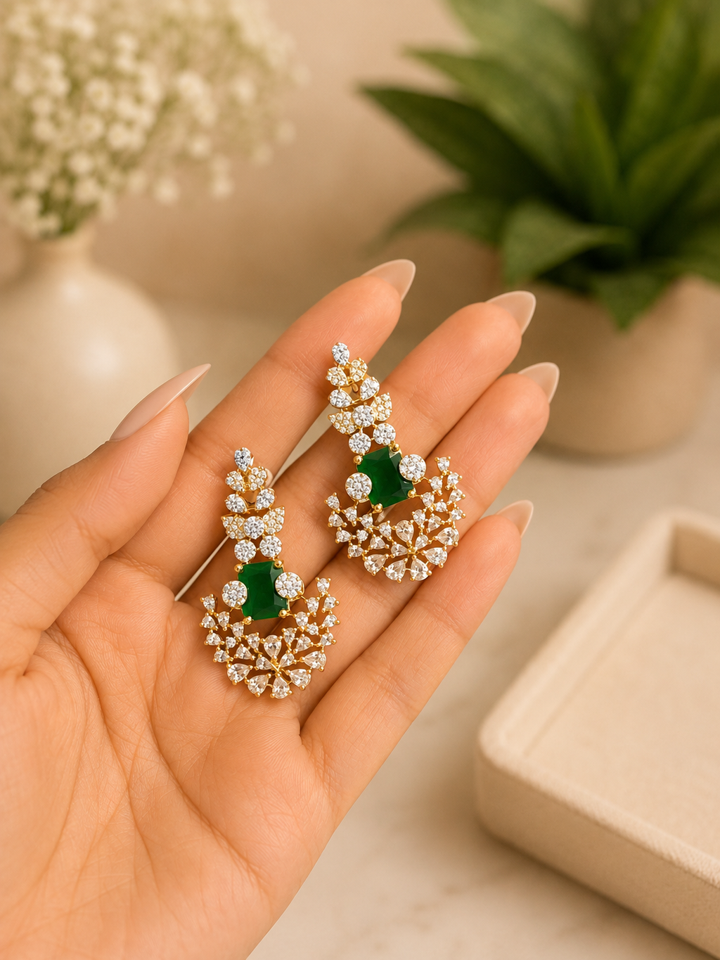 Emerald Diamond Look Necklace Set | Luxury Green Stone Jewellery