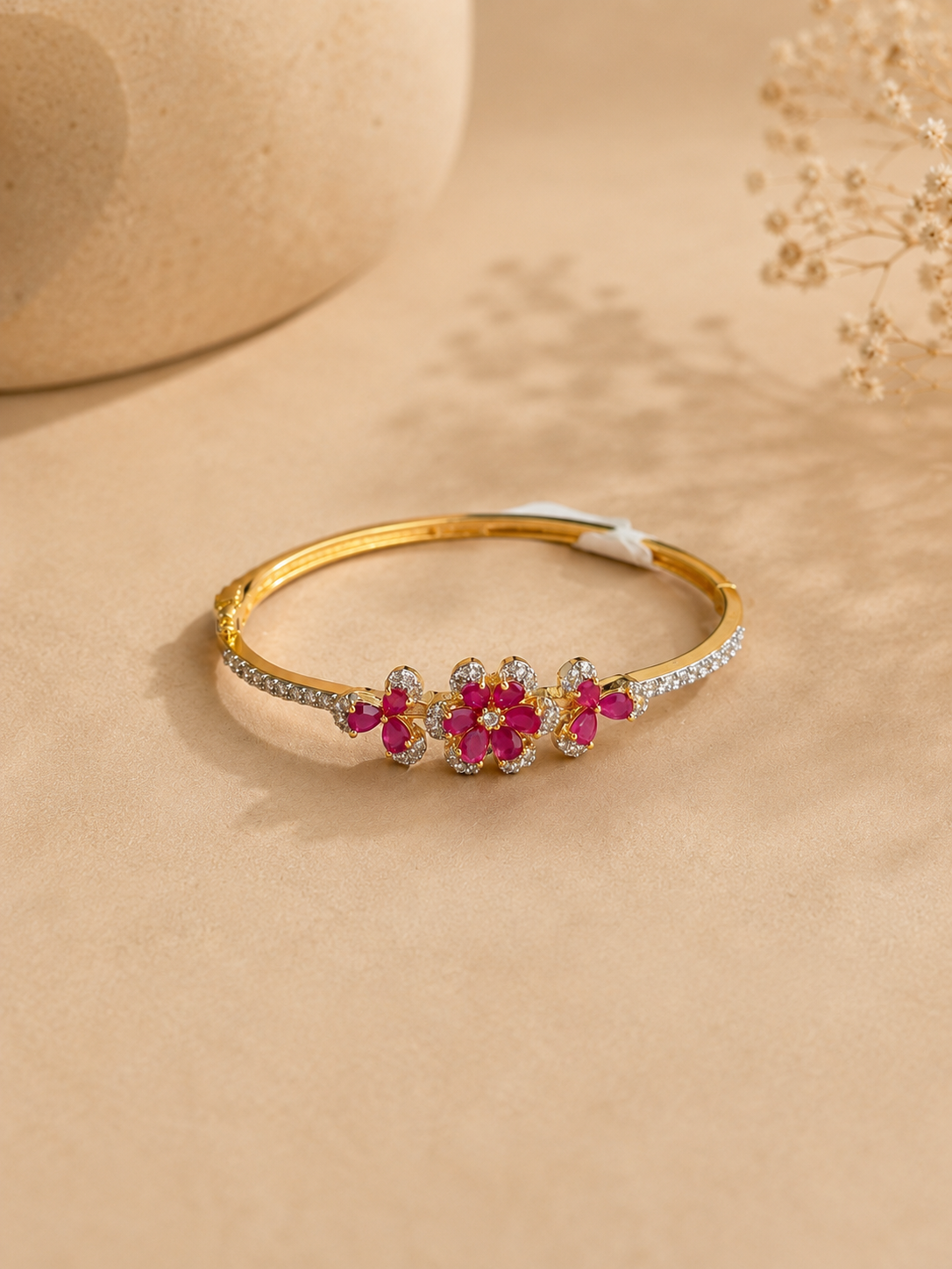Pink Floral American Diamond Bracelet for Women | Ruby Stone Kada Bracelet | Party Wear Jewellery