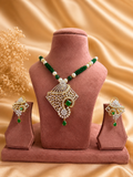 Green Beaded American Diamond Pendant Necklace Set with Matching Earrings | Designer Emerald Party Wear Jewellery