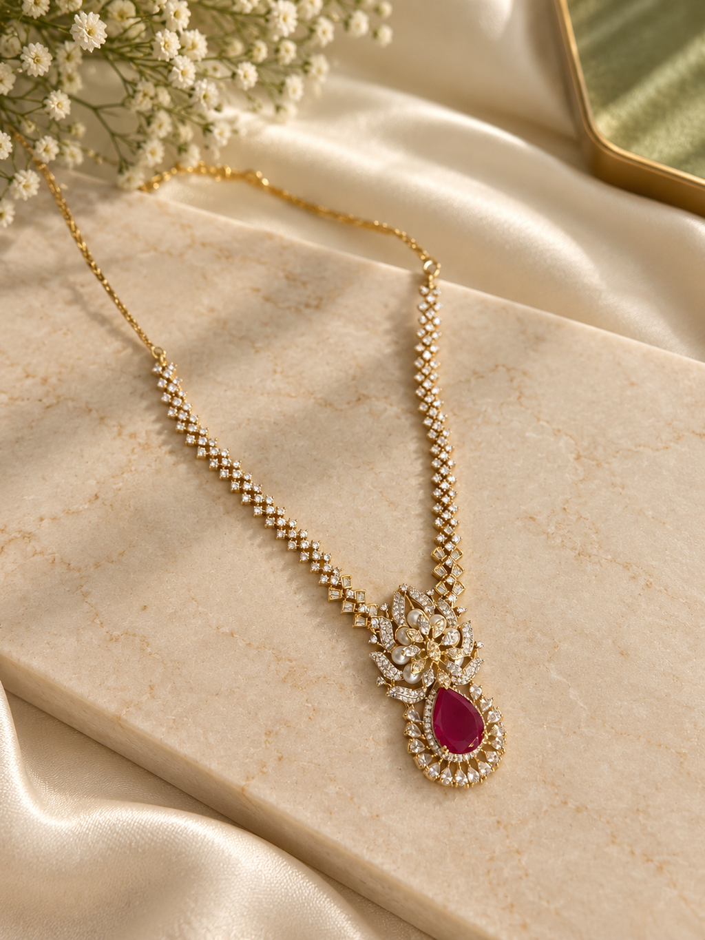 Ruby Drop Diamond Look Necklace Set