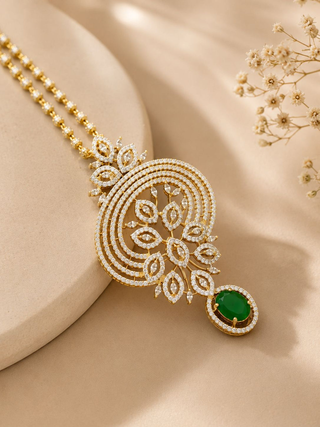 Emerald Drop Diamond Pendant Necklace Set