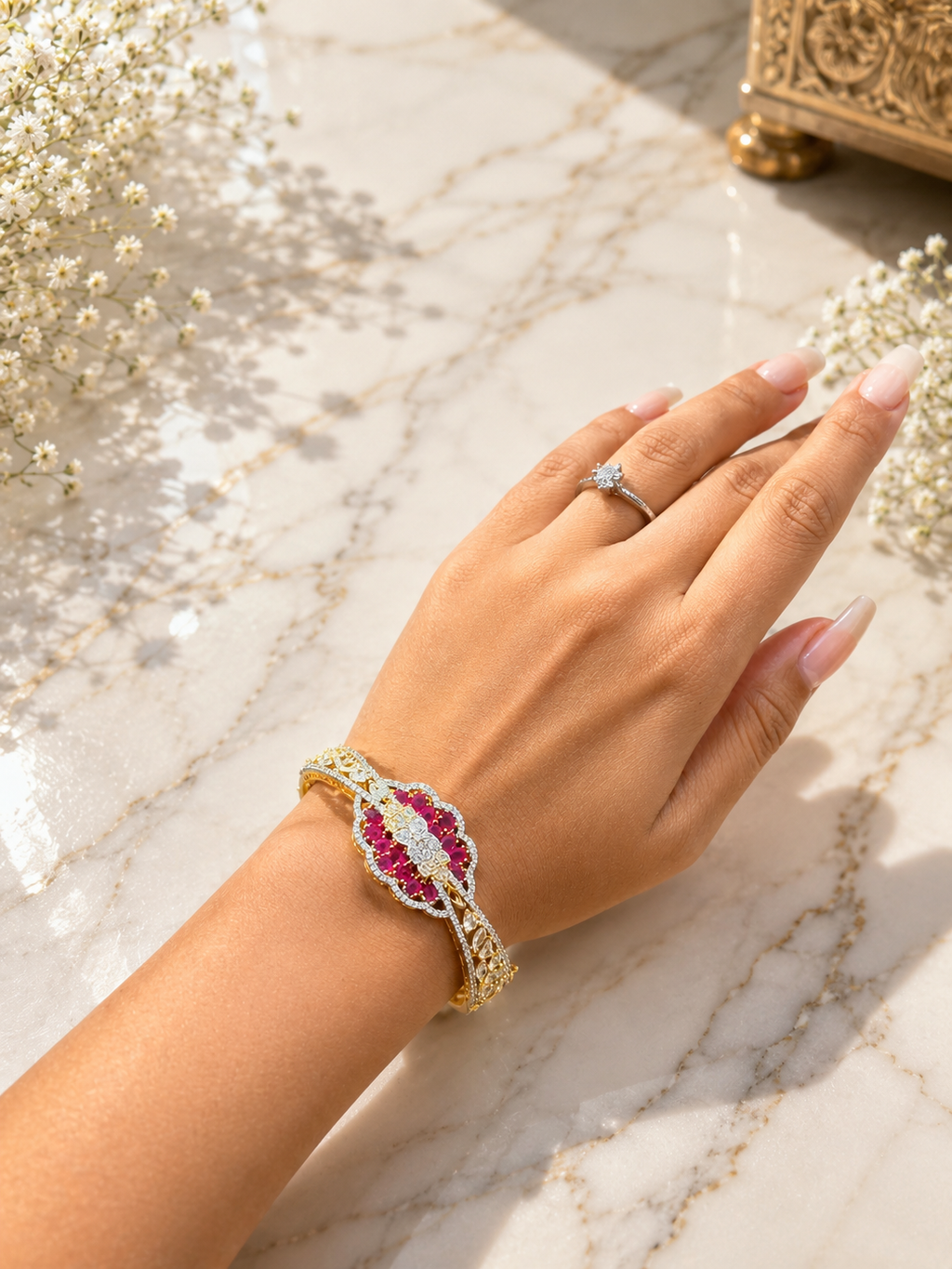 Ruby Diamond Look Adjustable Bracelet | Premium Anti Tarnish Bracelet for Women
