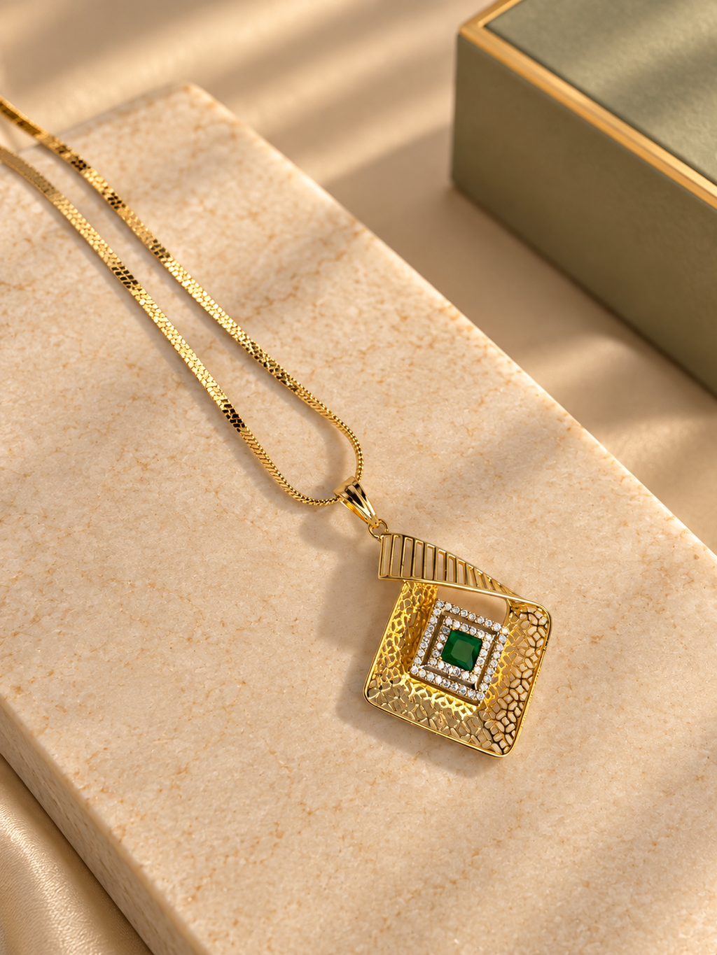 Green Stone Diamond Look Pendant Necklace Set