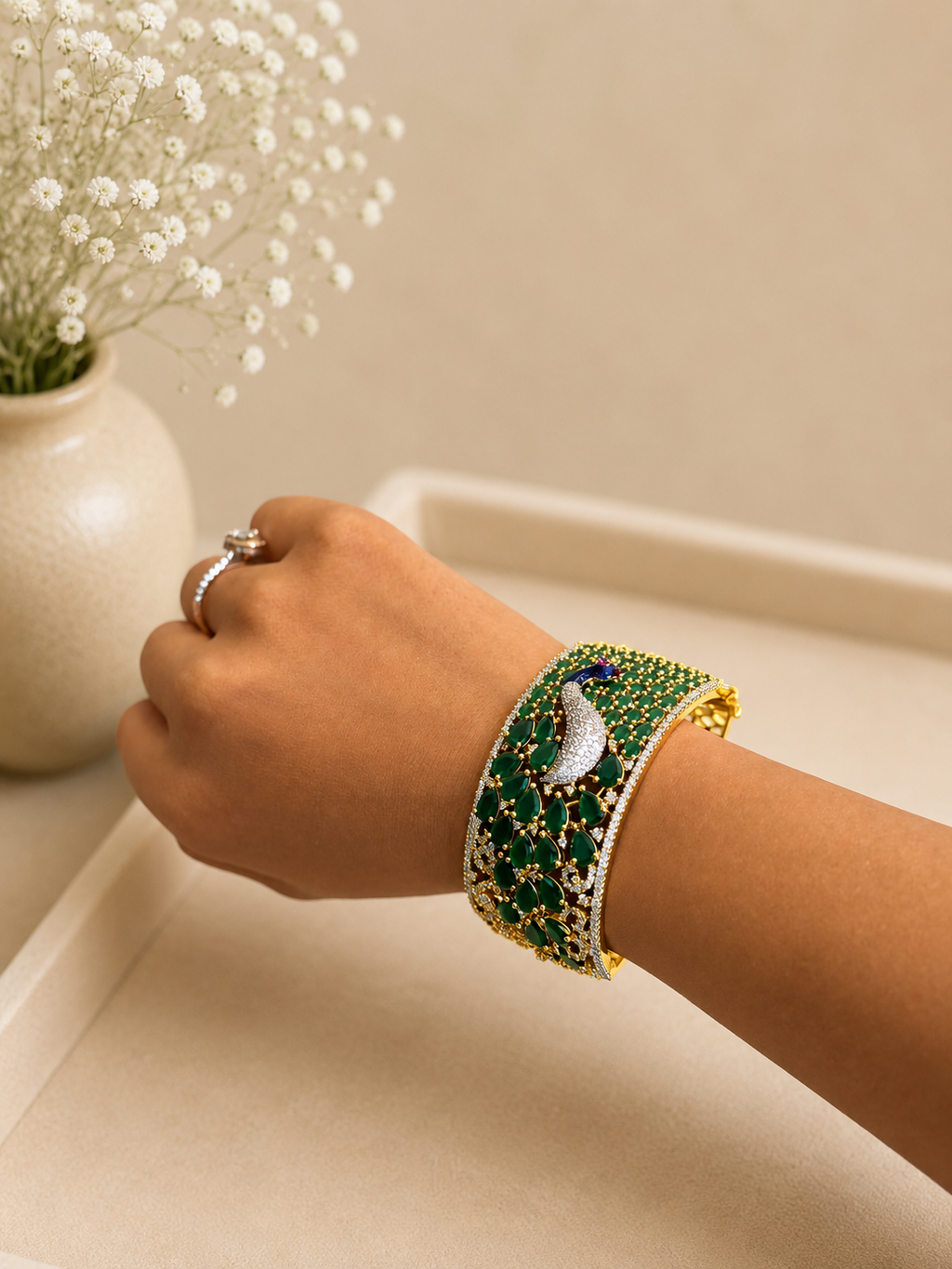 Mayura Emerald Statement Kada Bracelet | Peacock Design Green Stone Luxury Cuff