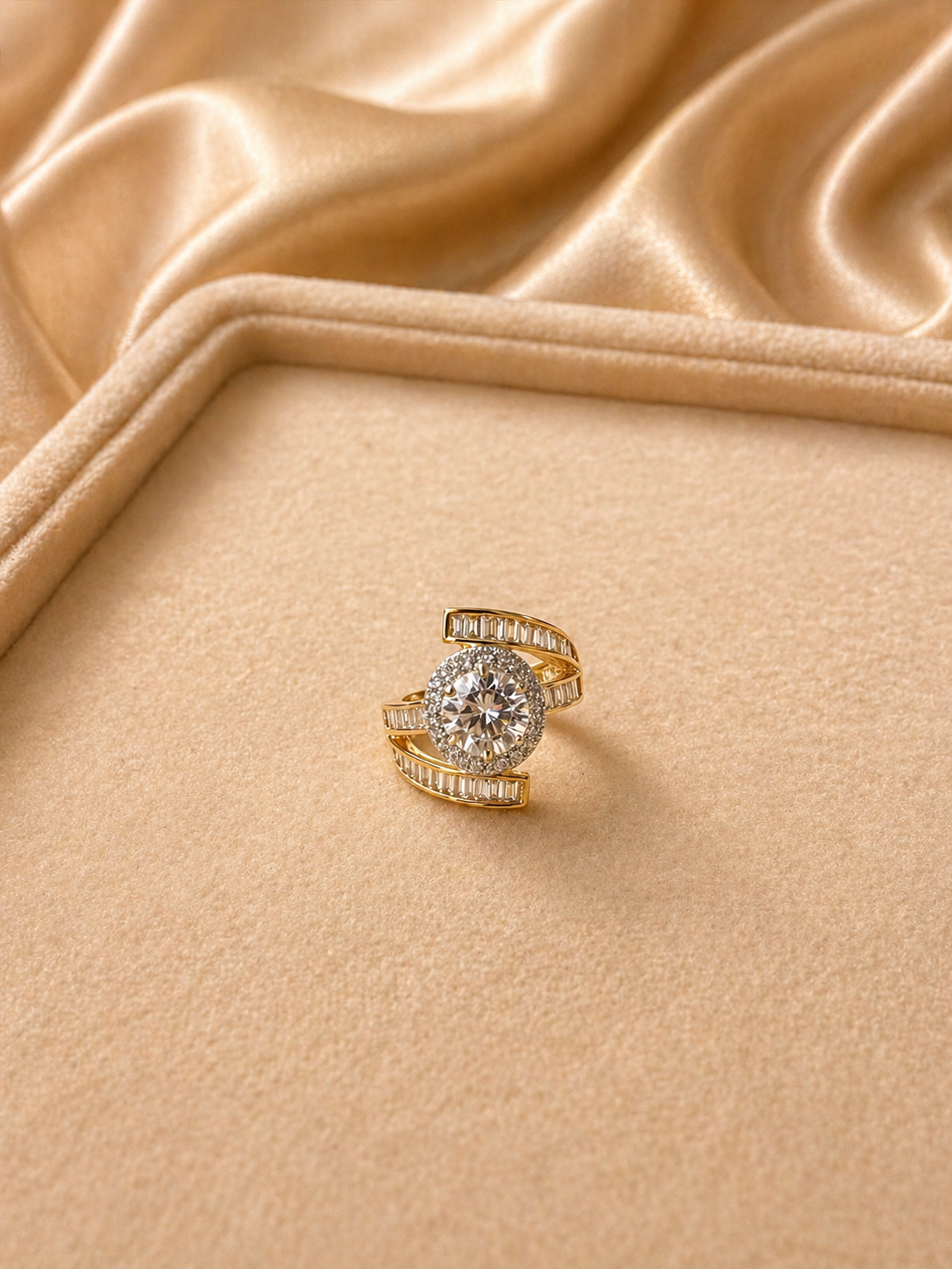 Adjustable Emerald Green/Clear Stone Statement Ring with Diamond Look Halo & Baguette Bands