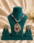 Pink Beaded American Diamond Pendant Necklace Set with Earrings | Ruby Stone Party Wear Jewellery