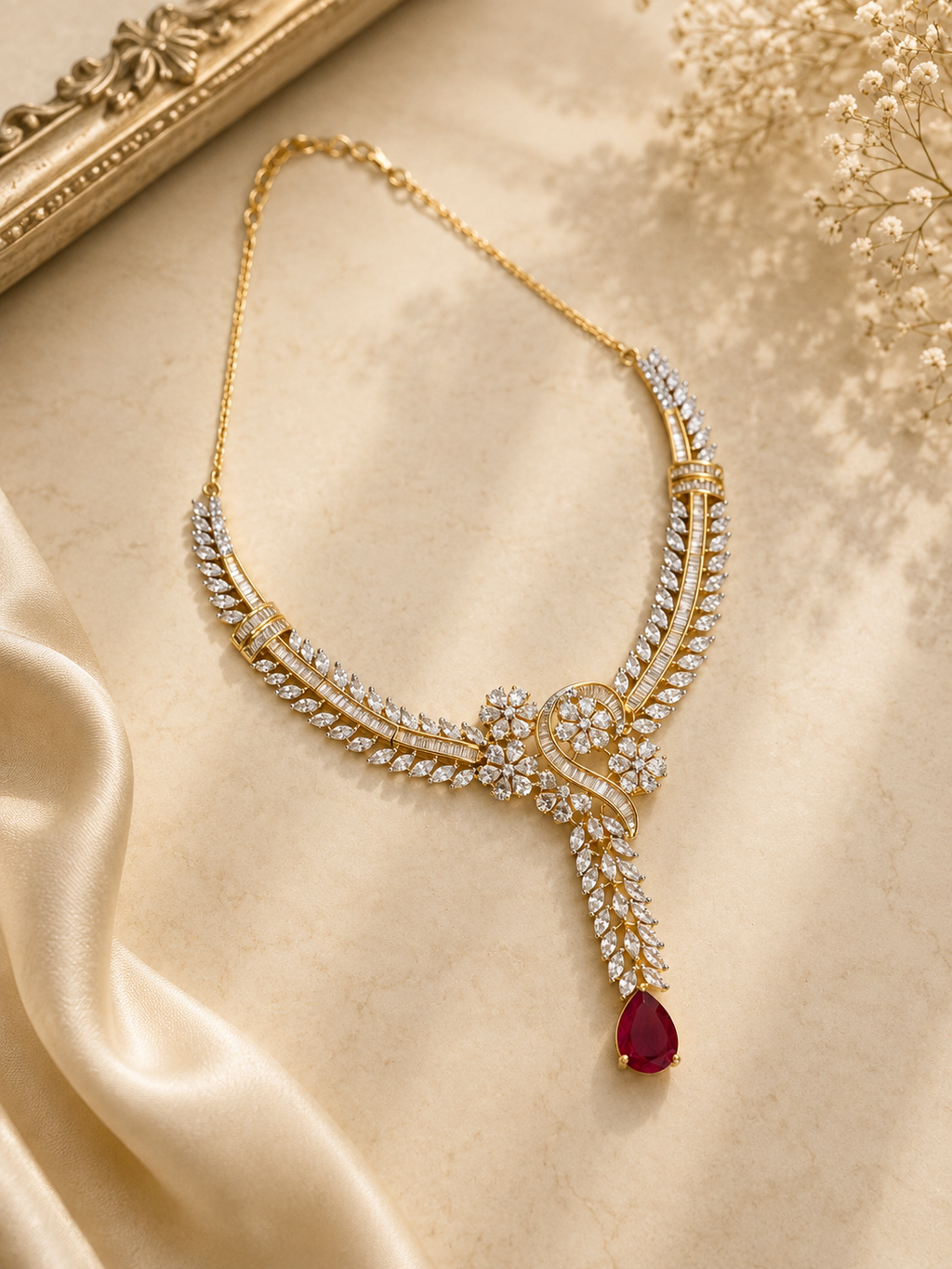 Ruby Drop Diamond Look Necklace Set | Statement Bridal Jewellery