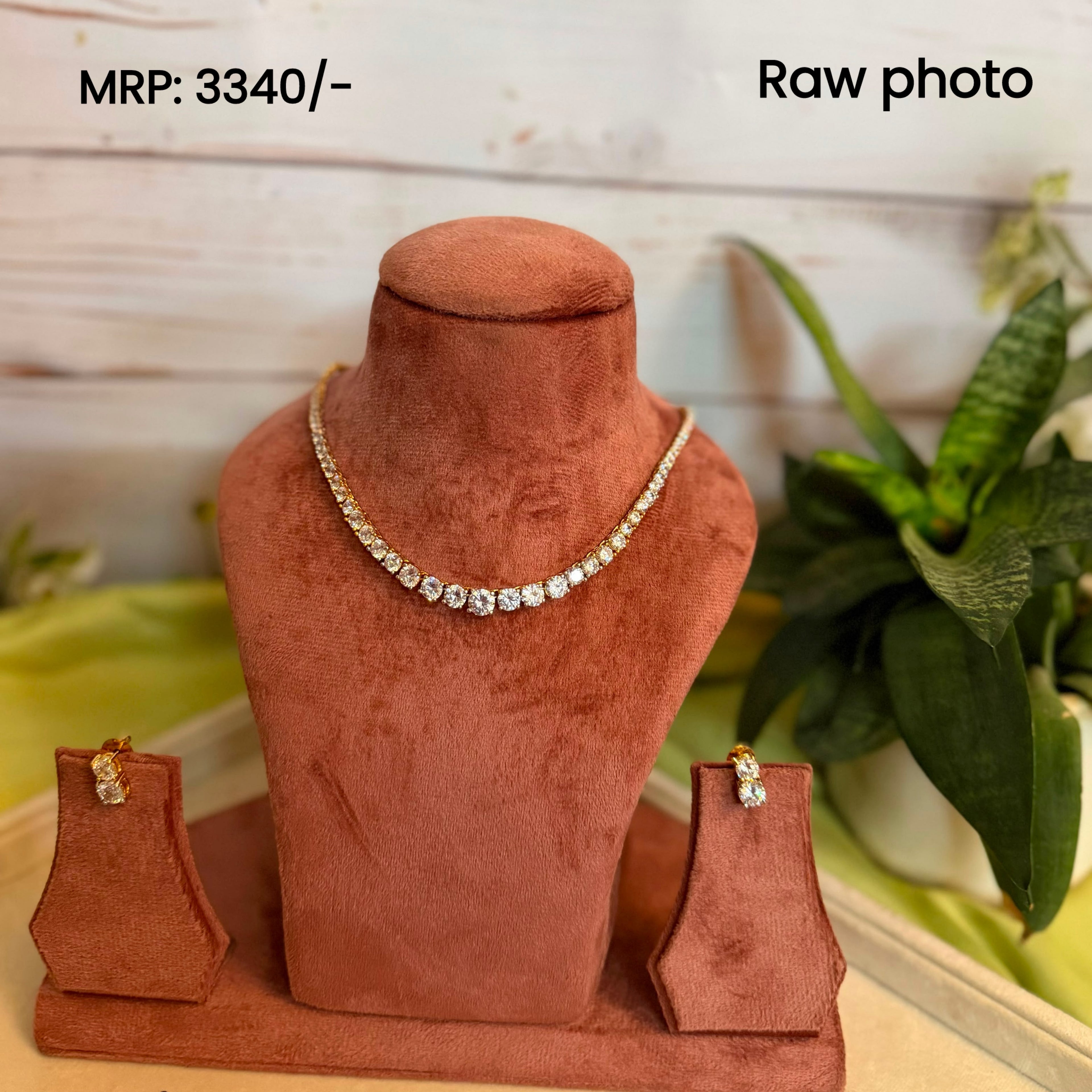 Gold Plated American Diamond Tennis Necklace Set with Stud Earrings
