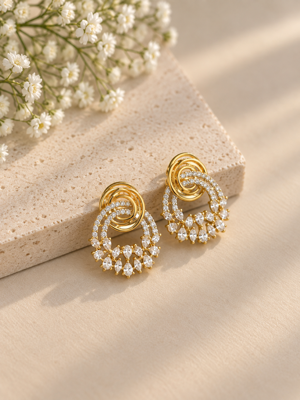 Gold Look Diamond Pendant Necklace Set with Statement Earrings