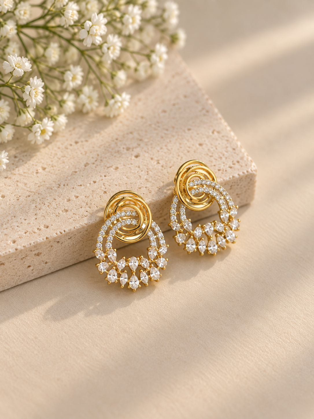 Gold Look Diamond Pendant Necklace Set with Statement Earrings