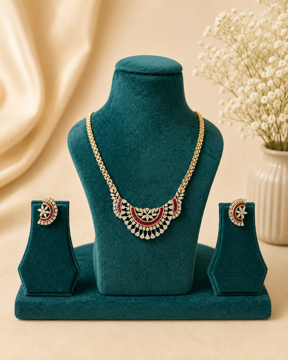 Ruby Crescent Statement Necklace Set with Earrings