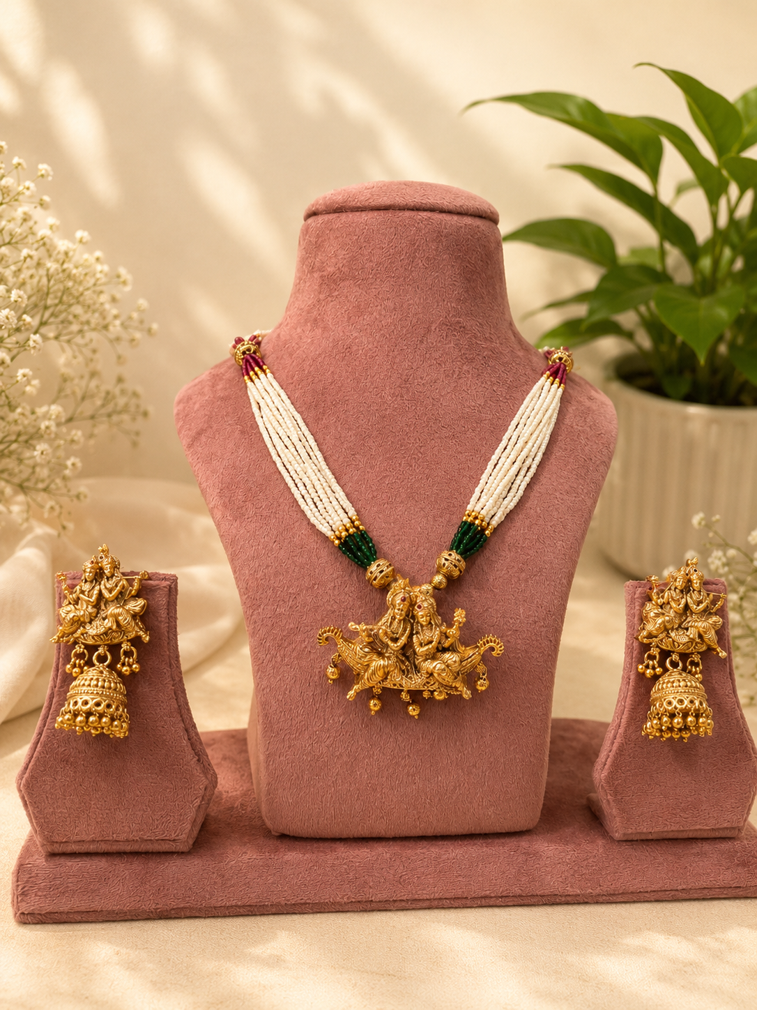 Temple Radha Krishna Pearl Necklace Set | Antique Gold Finish Jhumka Earrings | Anti Tarnish Jewellery