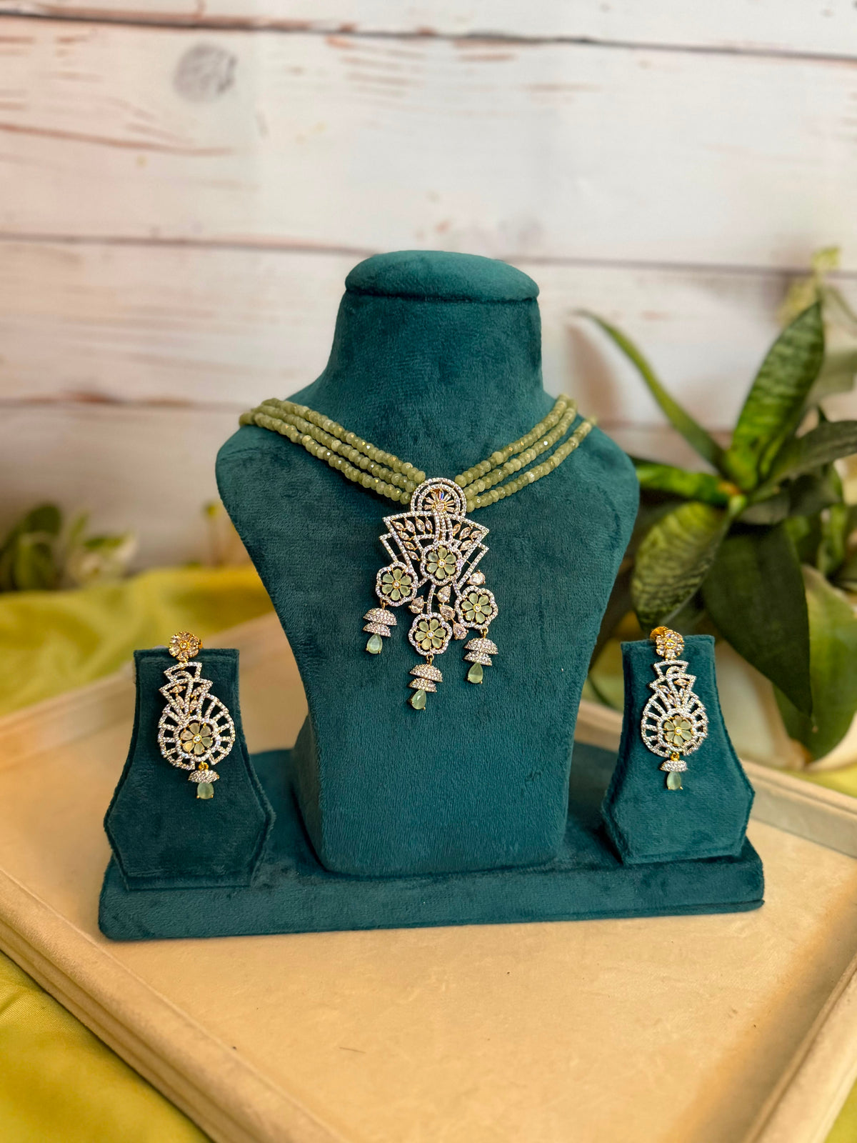 Green Pearl Floral Statement Necklace Set | Gold-Tone CZ Jewellery