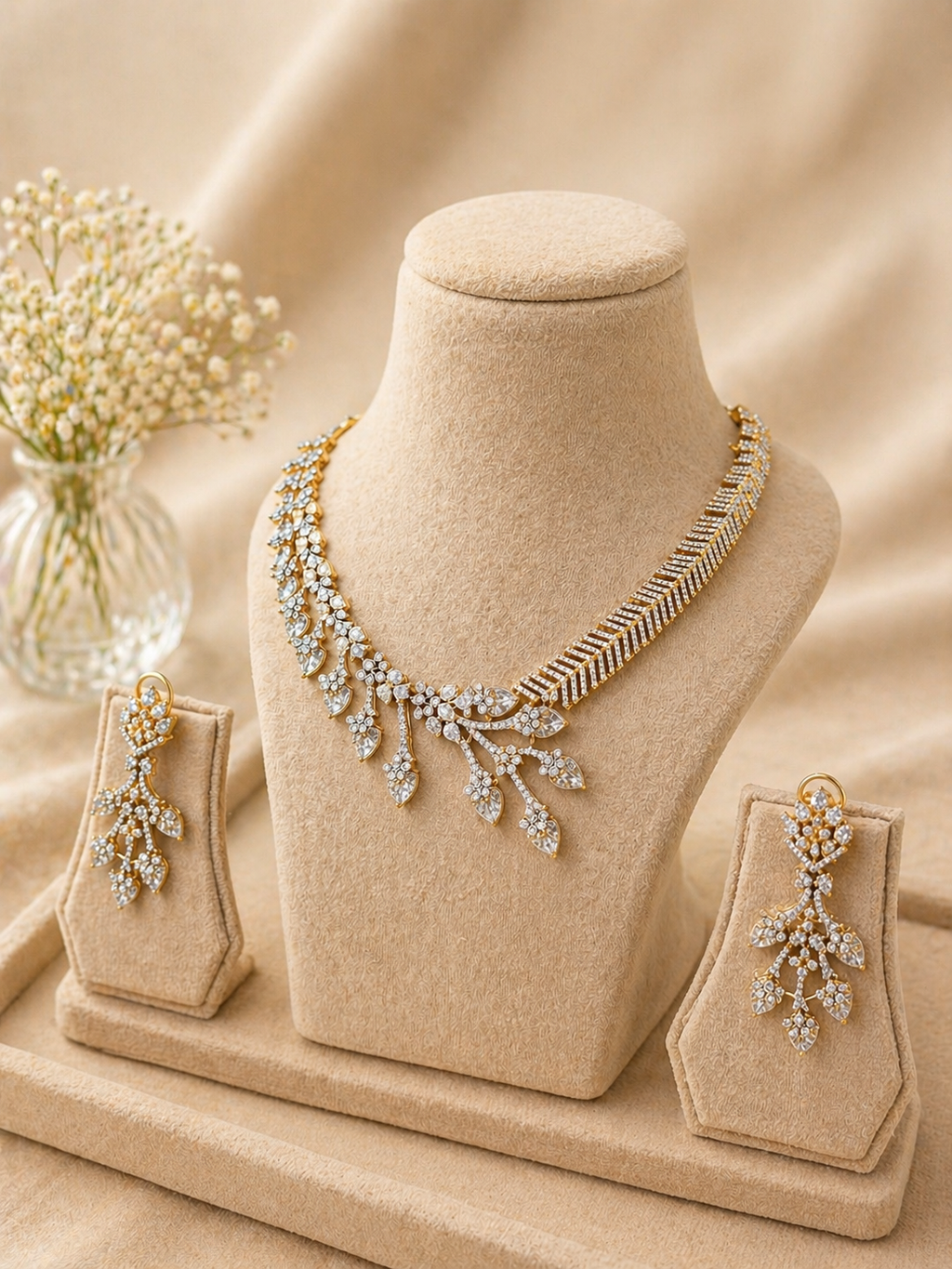Gold Plated American Diamond Floral Necklace Set with Cascading Drop Earrings