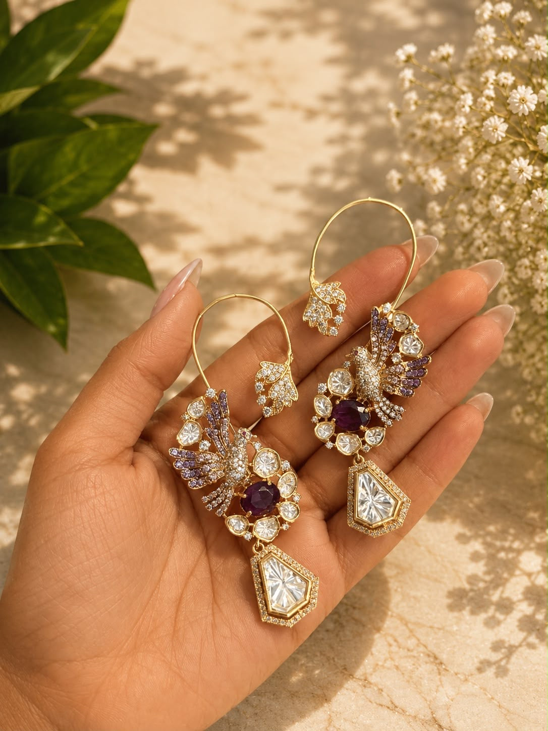 Royal Peacock Ear Cuff Earrings | Purple Crystal Statement Earrings | Anti Tarnish