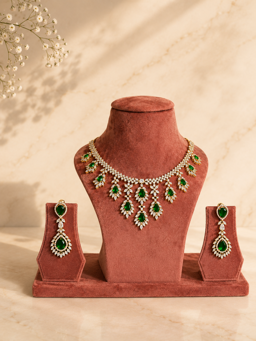 Emerald Dewdrop Diamond Look Necklace Set | Green Stone American Diamond Jewellery