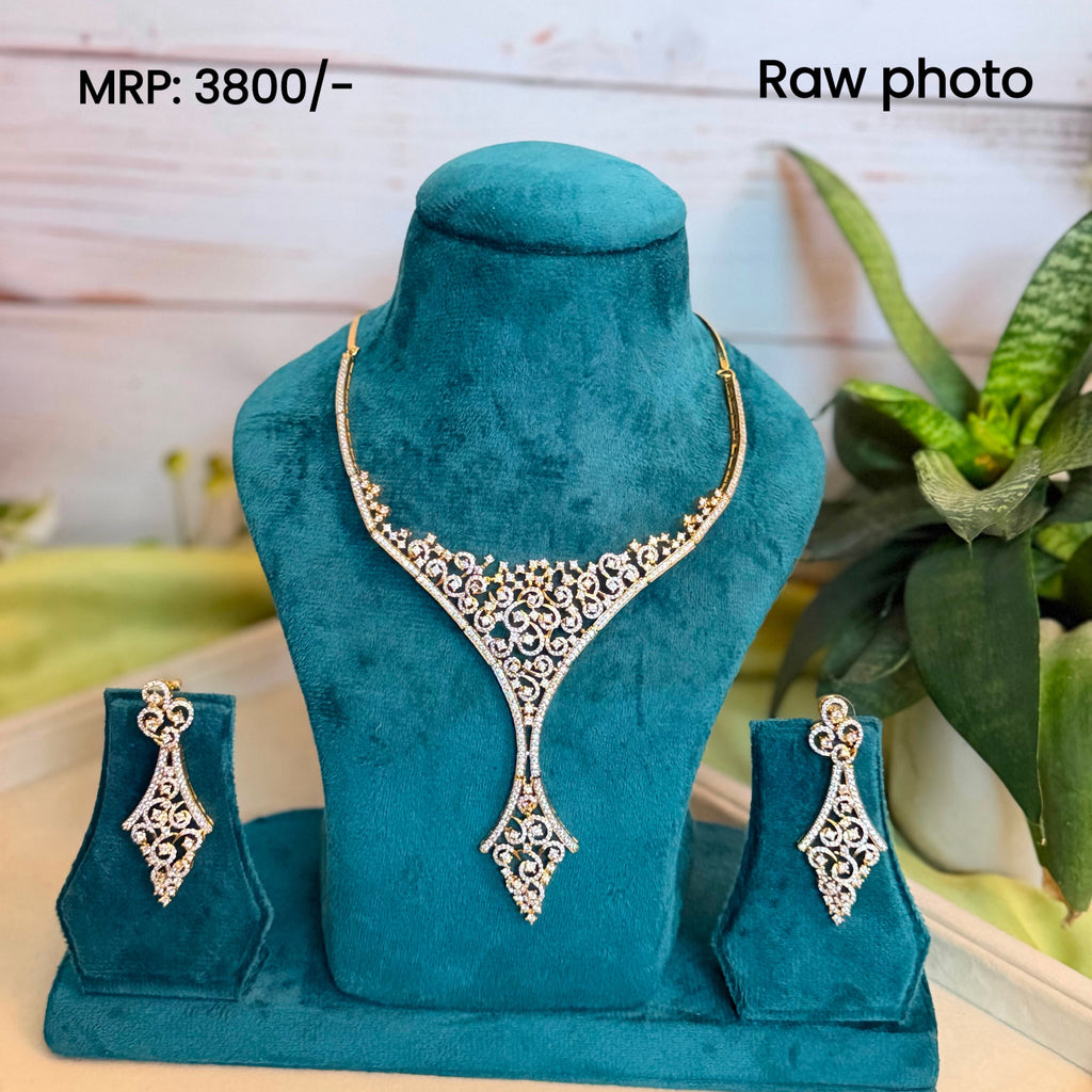 Regal Filigree Real Diamond Look Statement Necklace Set for Bridal Wear