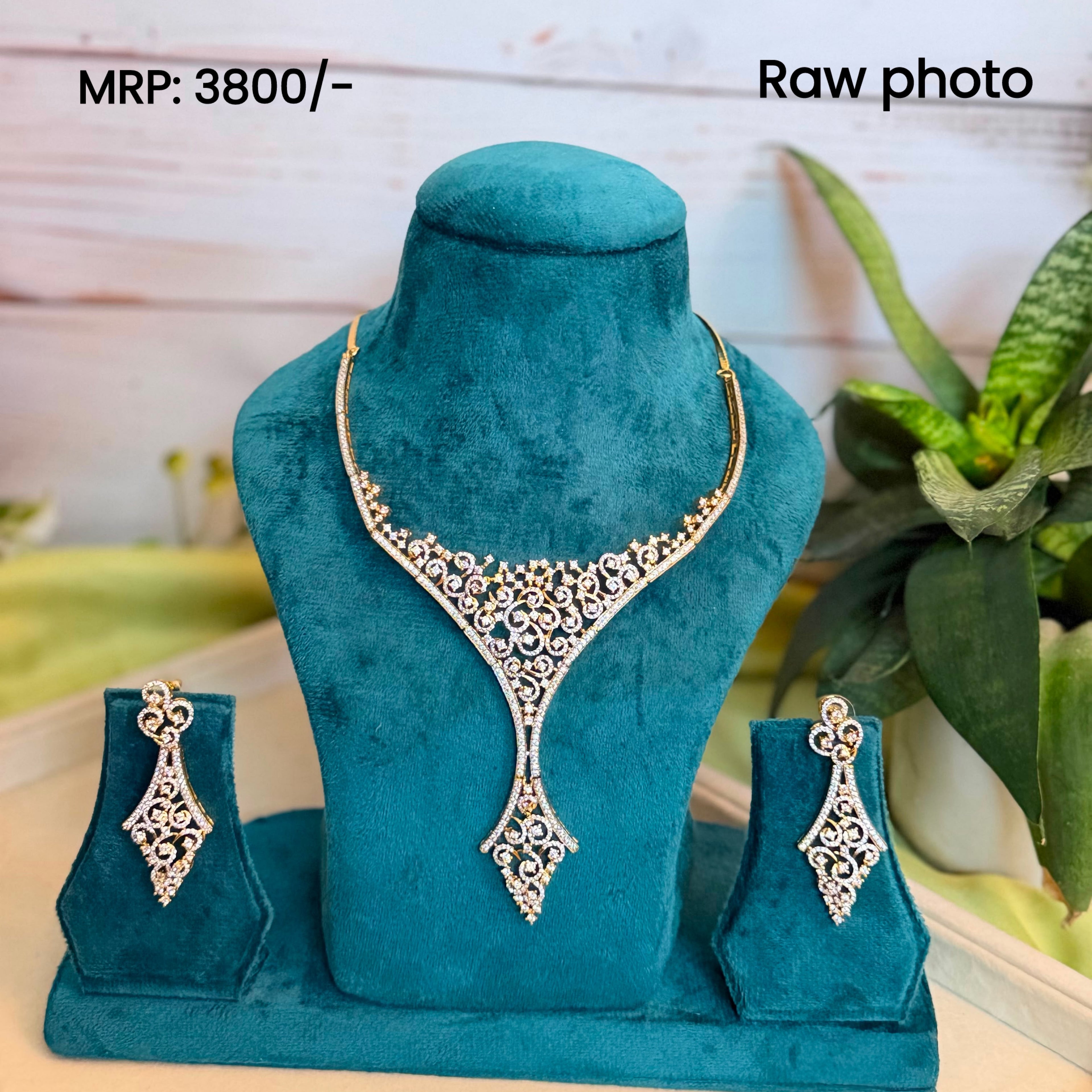 Regal Filigree Real Diamond Look Statement Necklace Set for Bridal Wear