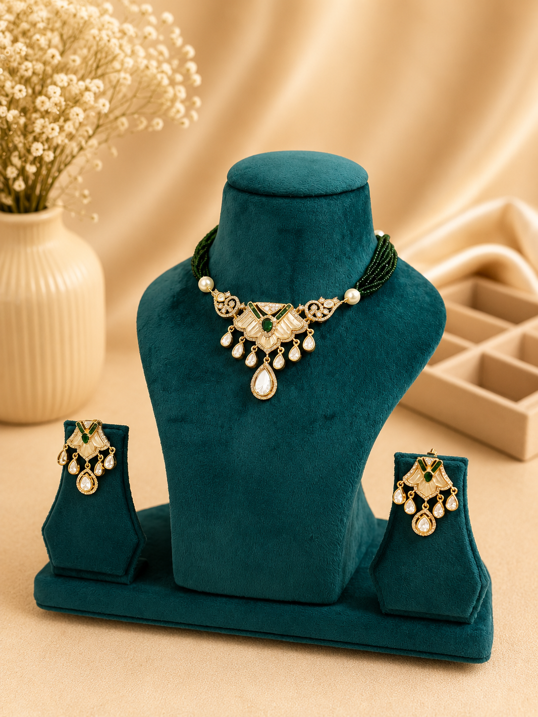 Green Beaded Kundan Choker Necklace Set with Earrings