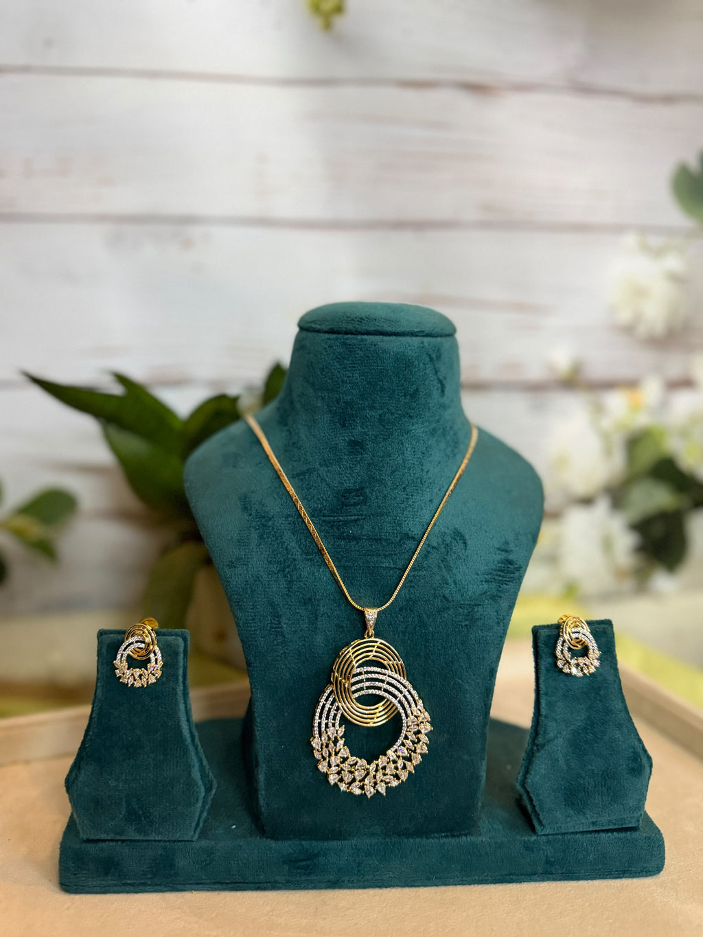 Gold Look Diamond Pendant Necklace Set with Statement Earrings